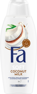 Fa Soft Coconut Milk kremowy żel pod prysznic w białej butelce, z obrazkiem kokosa i napisem Fa, widok z przodu.
