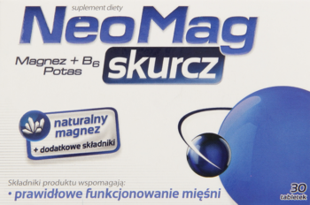Białe pudełko NeoMag skurcz, suplement z magnezem, B6 i potasem na mięśnie, z niebieskimi sferami, widok z przodu.