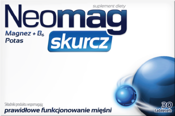 Białe opakowanie NeoMag skurcz, suplementu z magnezem i potasem, z niebieskimi akcentami i grafiką, widok z przodu.