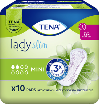 Zielono-białe opakowanie podpasek Tena Lady Slim Mini, widok z przodu. Wskazano "3x ochrona" i "x10 PADs".