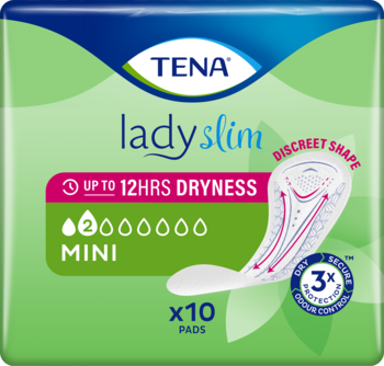 Tena Lady Slim Mini, dyskretne wkładki chłonne na nietrzymanie moczu, zielono-niebieskie opakowanie, 10 sztuk, widok z przodu.