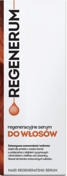 Białe opakowanie Regenerum regeneracyjnego serum do włosów, widok z przodu, z czarnym napisem i pomarańczową kroplą.