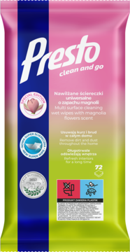 Różowo-zielone opakowanie Presto Magnolia, 72 szt. nawilżanych ściereczek uniwersalnych, widok z przodu.