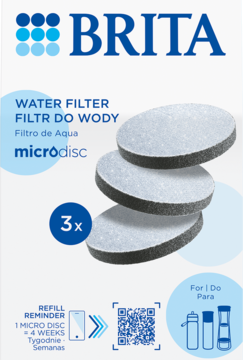 Opakowanie Brita MicroDisc 3 filtry do wody, okrągłe wkłady ułożone ukośnie na białym tle.