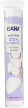 Isana waciki kosmetyczne 100% bawełny, 160 sztuk, w przezroczystym opakowaniu z fioletowym nadrukiem, widok przód.