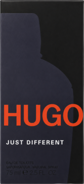 Męska woda toaletowa Hugo Just Different, czarne pudełko z pomarańczowym logo i ciemną sylwetką butelki.