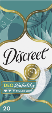 Wkładki Discreet Deo Waterlily Multiform, 20 szt. Turkusowo-złote opakowanie z motywem liści i widoczną wkładką.
