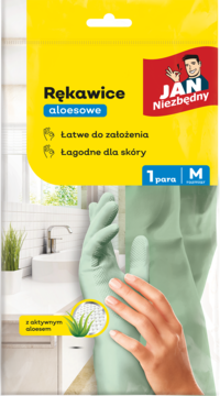 Opakowanie rękawic aloesowych Jan Niezbędny M, zielonych, z dłonią i podkreśleniem "Łagodne dla skóry".