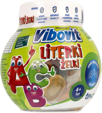 VIBOVIT Literki Żelki, witaminy dla dzieci 4+, zielono-białe opakowanie z literkami ABC, widok z przodu.