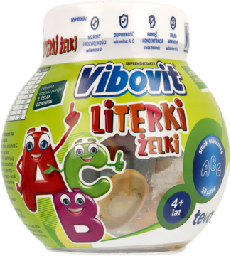 VIBOVIT Literki Żelki, witaminy dla dzieci 4+, zielono-białe opakowanie z literkami ABC, widok z przodu.