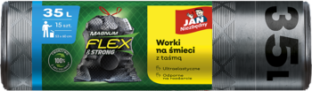 Worki na śmieci JAN Niezbędny 35L ze ściągaczem, FLEX x EXTREME, zielone opakowanie, widok z przodu.