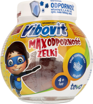 Vibovit Max Odporność żelki w przezroczystym słoiku z żółtą etykietą, dla 4+ lat, smak czarnego bzu, widok z przodu.