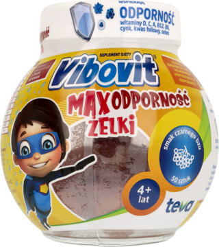 Vibovit Max Odporność żelki w przezroczystym słoiku z żółtą etykietą, dla 4+ lat, smak czarnego bzu, widok z przodu.
