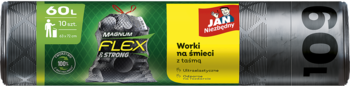 Opakowanie 60L worków na śmieci Jan Niezbędny Flex Extreme, 10 sztuk, z taśmą, widok z przodu.