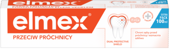 Opakowanie pasty do zębów elmex Przeciw Próchnicy, biało-pomarańczowe, z grafiką zęba i napisem 100ml.