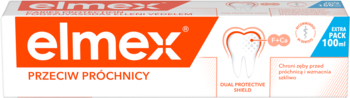 Elmex Caries Protection pasta do zębów, białe pudełko z pomarańczowym logo i napisem Przeciw Próchnicy, 100ml.