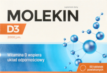 Pudełko suplementu Molekin D3 2000 j.m., biało-niebieskie, widok z przodu z napisem 'wspiera odporność'.