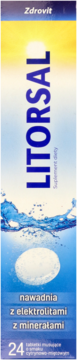 Zdrovit Litorsal, opakowanie tabletek musujących z elektrolitami, 24 szt. Granatowy napis i rozpuszczająca się tabletka w wodzie.