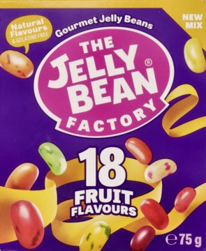 Fioletowa torba The Jelly Bean Factory Gourmet Jelly Beans, widok z przodu, z 18 owocowymi smakami.