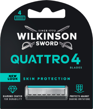 Ciemne opakowanie wkłady do maszynki Wilkinson Sword Quattro 4 z napisem Skin Protection i widocznymi ostrzami.
