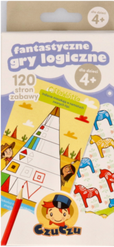 CzuCzu fantastyczne gry logiczne dla dzieci 4+, 120 stron zabawy. Widok pudełka z rysunkami dzieci, tipi.