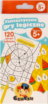 Kolorowa okładka książki "Fantastyczne gry logiczne" Czuczu, dla dzieci 5+, 120 stron. Z przodu zagadki i ołówek.