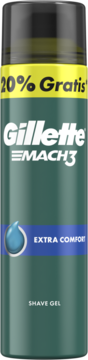 Gillette Mach3 Extra Comfort żel do golenia. Zielony pojemnik, czarna nakrętka, niebieska kropla, "20% Gratis".