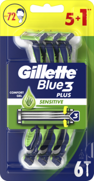 Gillette Blue3 Plus Sensitive, 6 jednorazowych maszynek z 3 ostrzami, w niebiesko-zielonym opakowaniu.
