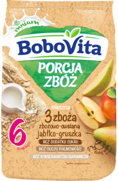 BoboVita Porcja Zbóż mleczna 3 zboża jabłko-gruszka. Widok z przodu beżowej torebki dla niemowląt po 6 m-cu.