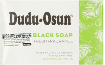 Dudu-Osun Black Soap, fresh fragrance, in green and white rectangular packaging, front view with text.