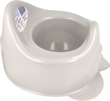 Jasnoszary, plastikowy nocniczek dziecięcy o ergonomicznym kształcie, widok z góry pod kątem.