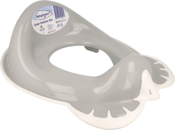 Szara nakładka na sedes BabyOno, reduktor dla dzieci, widok z przodu, z etykietą na górze.