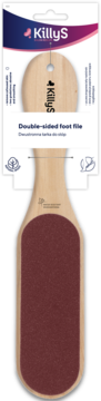 KillyS drewniana, dwustronna tarka do stóp w opakowaniu, z bordową powierzchnią ścierną, widok z przodu.