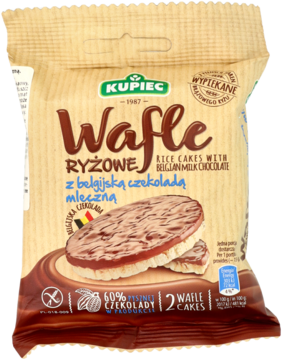 Kupiec Wafle Ryżowe z belgijską czekoladą mleczną, beżowe opakowanie, widok z przodu.