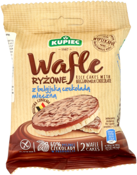 Kupiec Wafle Ryżowe z belgijską czekoladą mleczną, beżowe opakowanie, widok z przodu.