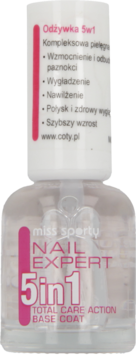 Odżywka do paznokci Miss Sporty Nail Expert 5in1 w przezroczystej butelce z różowo-białą etykietą, widok z przodu.