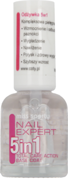 Odżywka do paznokci Miss Sporty Nail Expert 5in1 w przezroczystej butelce z różowo-białą etykietą, widok z przodu.