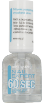 Miss Sporty Nail Expert 60 Sec Turbo Dry Top Coat, przezroczysta butelka z białą zakrętką, widok z przodu.