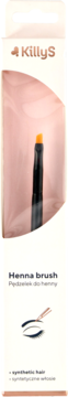 Frontalny widok pędzelka KillyS do henny, z czarną rączką i pomarańczowym włosiem syntetycznym w opakowaniu.
