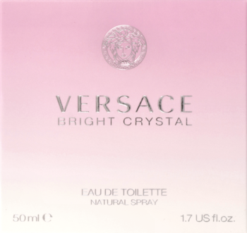 Różowe opakowanie perfum Versace Bright Crystal, damska woda toaletowa 50ml, widok z przodu, srebrny napis.