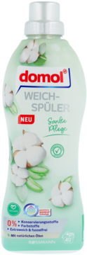 Domol płyn do płukania tkanin Sanfte Pflege w jasnozielonej butelce z bawełną, widok z przodu, 40 prań.