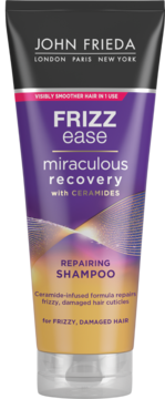 John Frieda Frizz Ease Miraculous Recovery szampon z ceramidami do włosów puszących, fioletowo-złota tuba, widok z przodu.