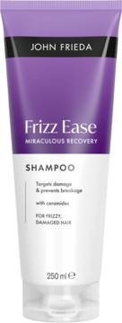 John Frieda Frizz Ease Miraculous Recovery Shampoo z ceramidami, fioletowo-biała tubka 250ml, widok z przodu.