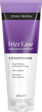 John Frieda Frizz Ease odżywka do włosów zniszczonych i puszących, fioletowa tuba, widok z przodu.