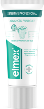 Tubka pasty elmex Sensitive Professional Advanced Pain Relief w białym opakowaniu z turkusowym logo i zębem.