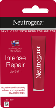 Czerwono-białe opakowanie Neutrogena Intense Repair Lip Balm, Norweska Formuła, z tubką balsamu, widok z przodu.