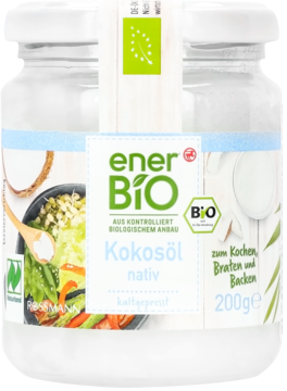 EnerBiO Kokosöl nativ, olej kokosowy z pierwszego tłoczenia, w szklanym słoiku z biało-zieloną etykietą, widok frontalny.