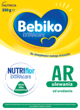 Żółto-niebieskie opakowanie Bebiko AR EXTRAcare 350g, formula dla niemowląt od urodzenia na ulewania.