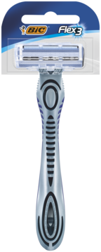 BIC Flex 3 maszynka do golenia, szaro-niebieska, z 3 ruchomymi ostrzami, w opakowaniu blistrowym, widok z przodu.