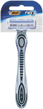 BIC Flex 3 maszynka do golenia, szaro-niebieska, z 3 ruchomymi ostrzami, w opakowaniu blistrowym, widok z przodu.